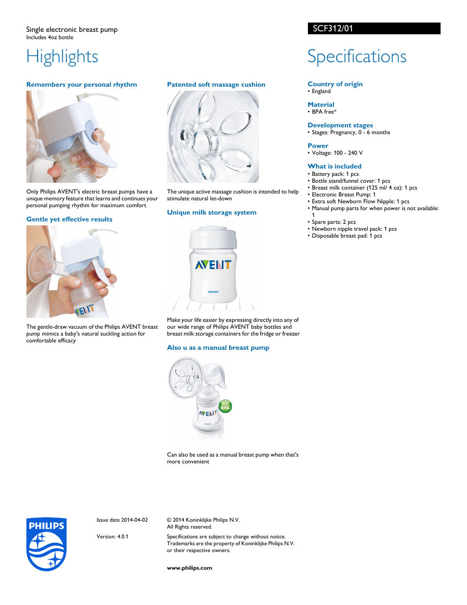 Highlights, Specifications | Philips SCF312-01 User Manual | Page 2 / 2