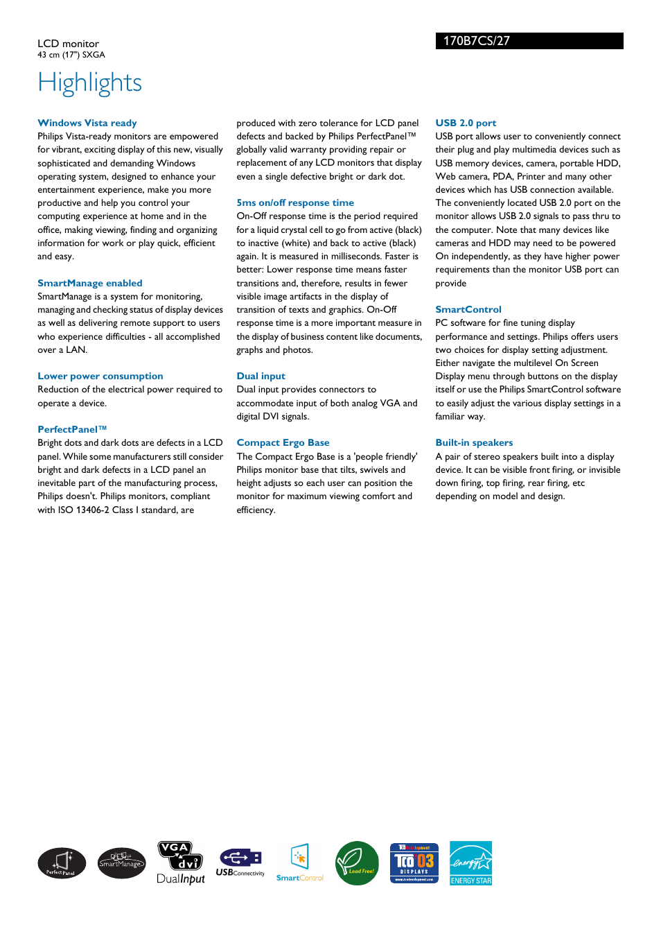 Highlights | Philips 170B7CS-27 User Manual | Page 2 / 3