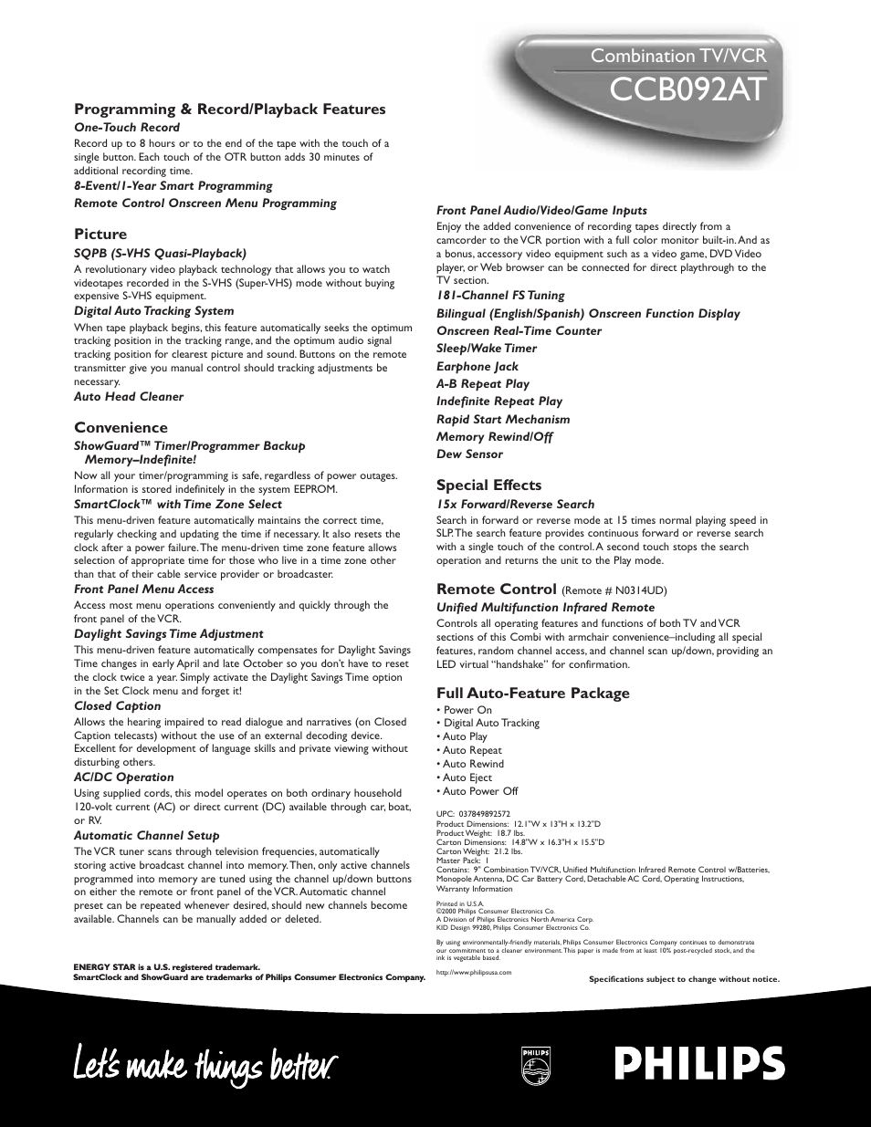 Ccb092at, Combination tv/vcr | Philips CCB092AT99 User Manual | Page 2 / 2