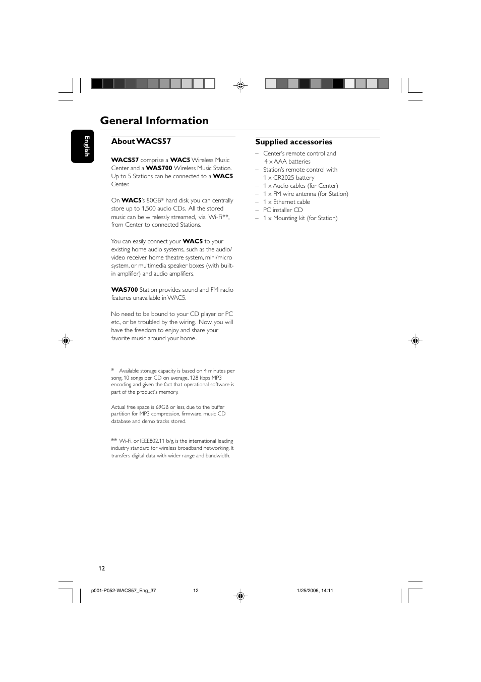 General information, About wacs57, Supplied accessories | Philips Streamium Wireless Music Center&Station WACS57 Center+Station with Wireless streaming User Manual | Page 12 / 52