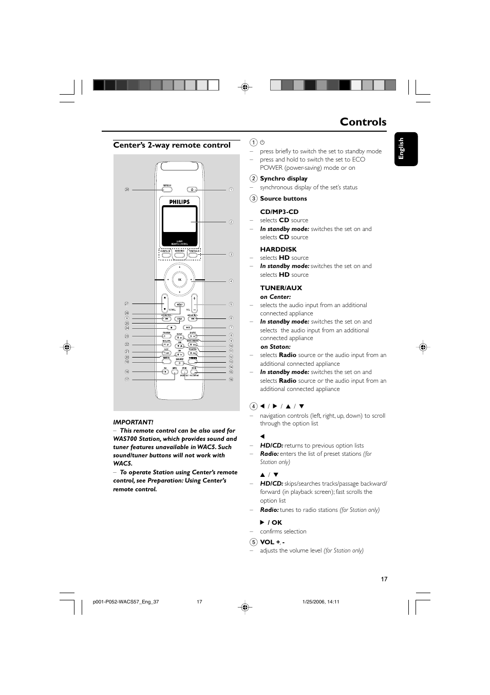 Controls, Center’s 2-way remote control | Philips Streamium Wireless Music Center&Station WACS57 Center+Station with Wireless streaming User Manual | Page 17 / 52