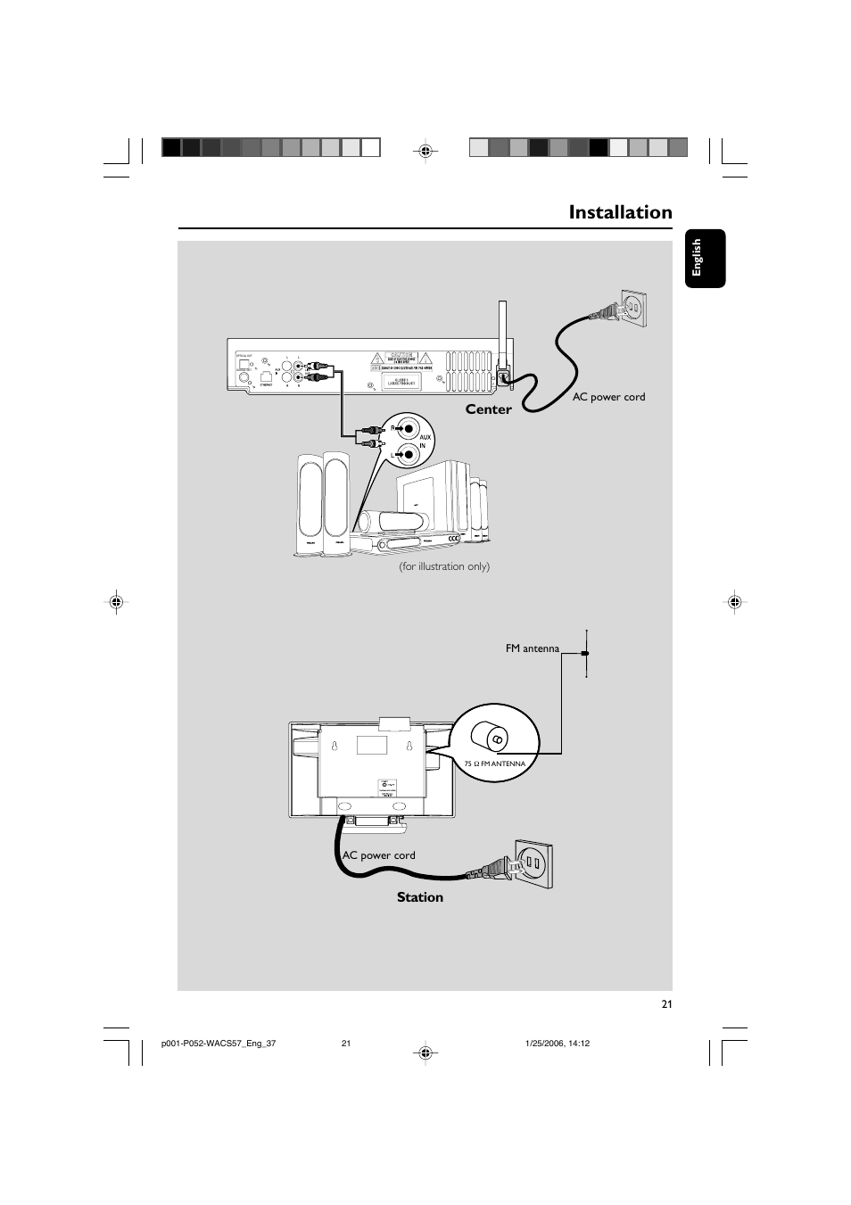 Installation, Center, Station | Philips Streamium Wireless Music Center&Station WACS57 Center+Station with Wireless streaming User Manual | Page 21 / 52