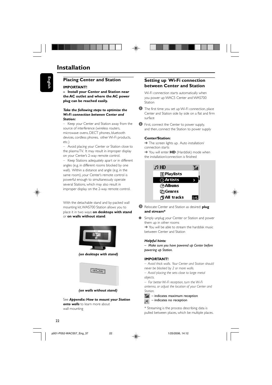 Installation, Placing center and station | Philips Streamium Wireless Music Center&Station WACS57 Center+Station with Wireless streaming User Manual | Page 22 / 52