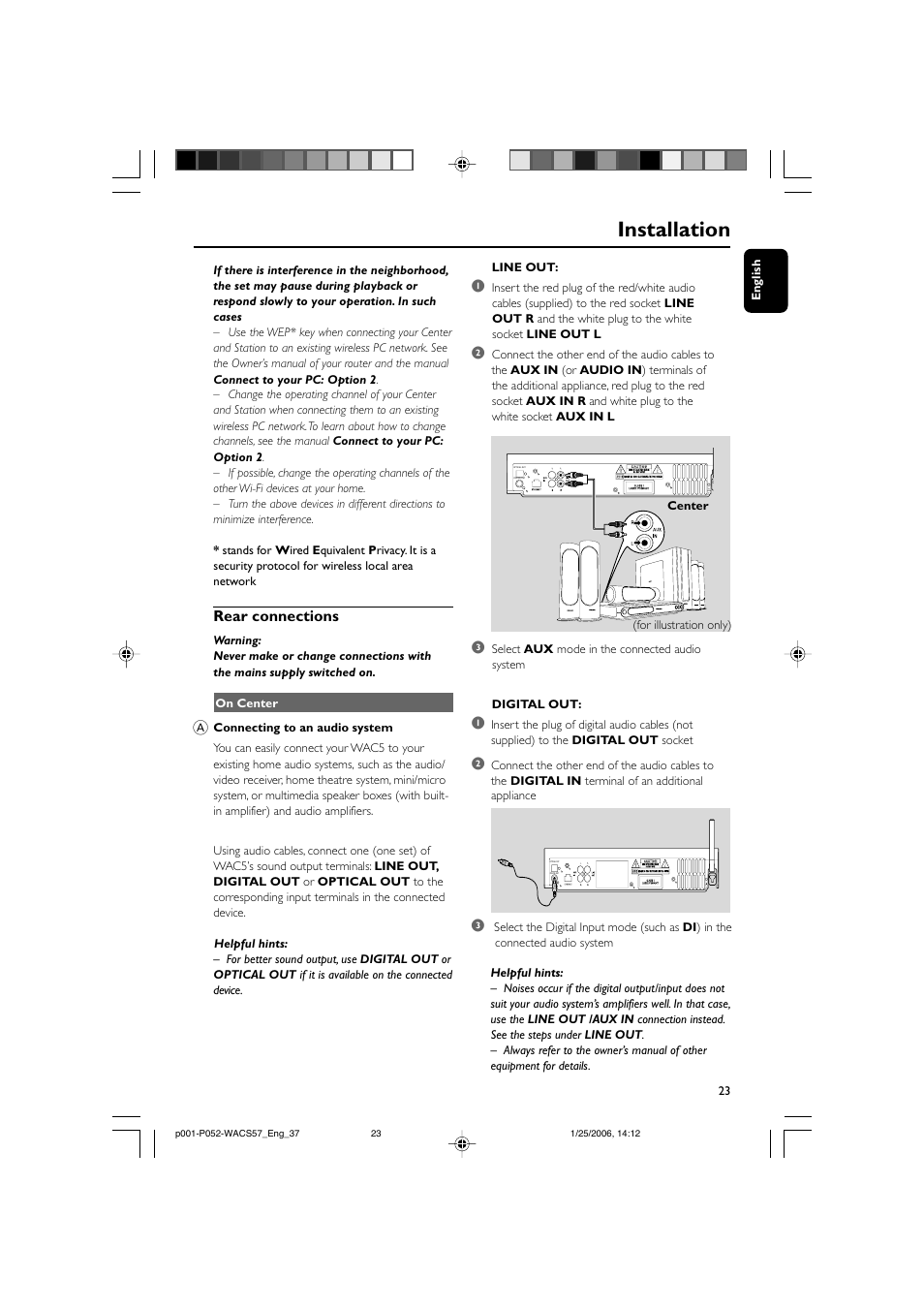 Installation, Rear connections | Philips Streamium Wireless Music Center&Station WACS57 Center+Station with Wireless streaming User Manual | Page 23 / 52