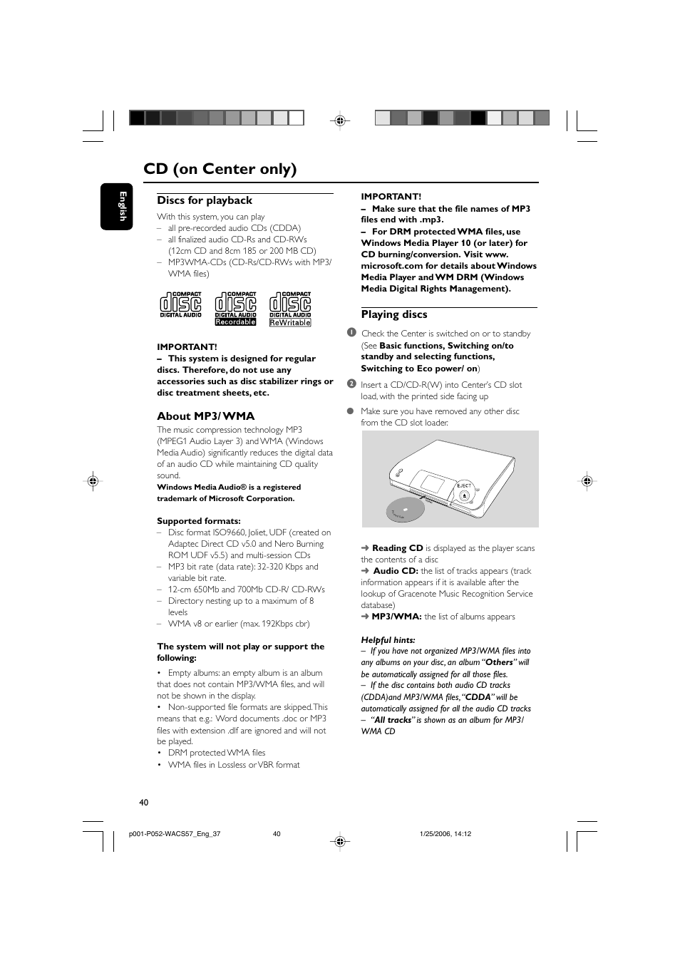 Cd (on center only), Discs for playback, About mp3/ wma | Playing discs 1 | Philips Streamium Wireless Music Center&Station WACS57 Center+Station with Wireless streaming User Manual | Page 40 / 52