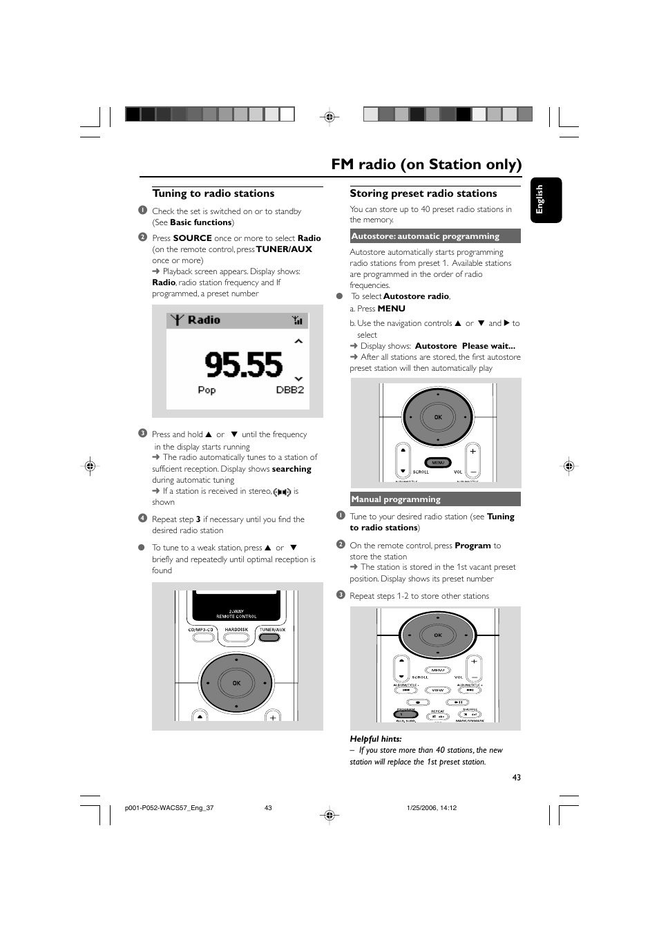 Fm radio (on station only), Tuning to radio stations 1, Storing preset radio stations | Philips Streamium Wireless Music Center&Station WACS57 Center+Station with Wireless streaming User Manual | Page 43 / 52