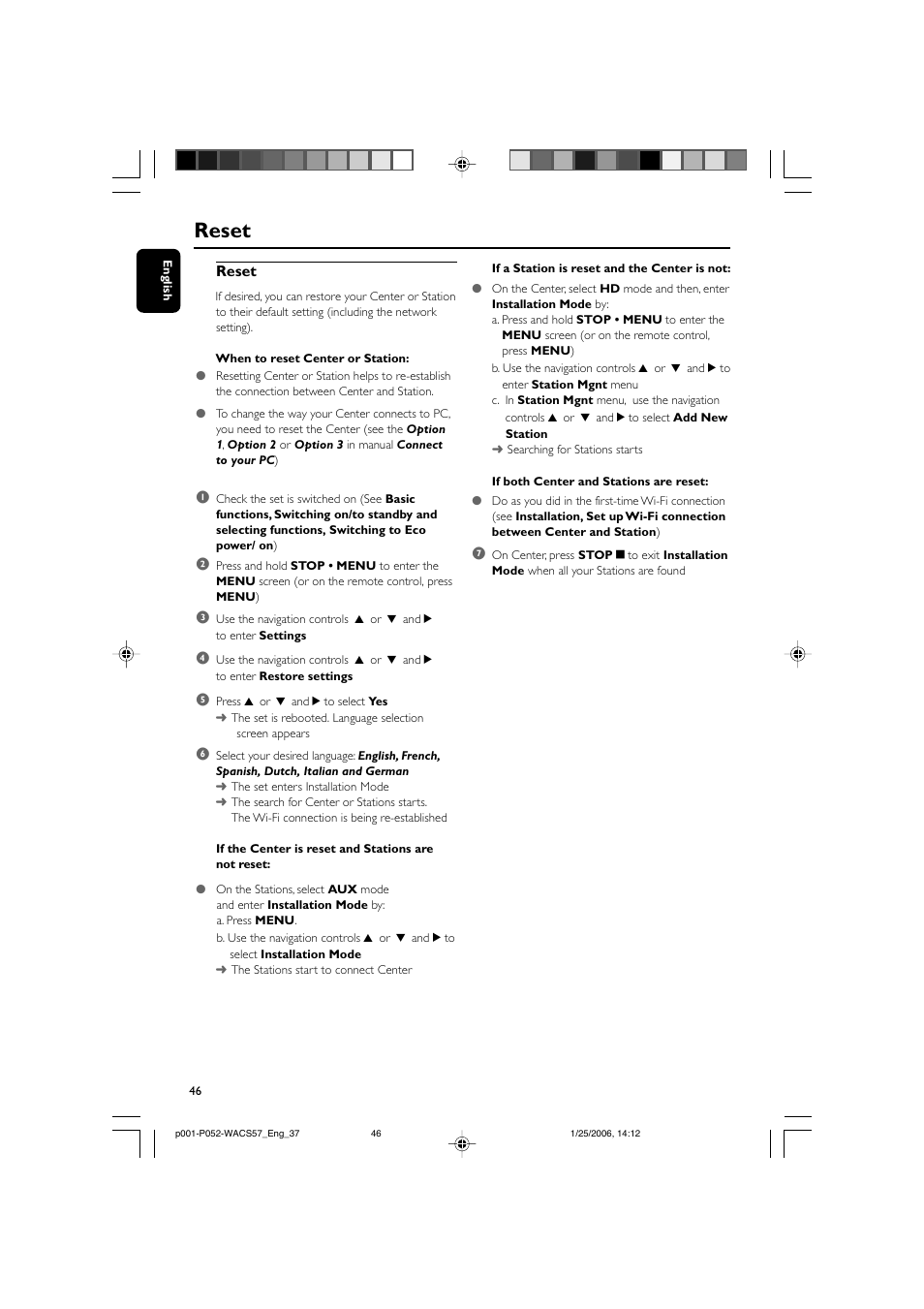 Reset | Philips Streamium Wireless Music Center&Station WACS57 Center+Station with Wireless streaming User Manual | Page 46 / 52