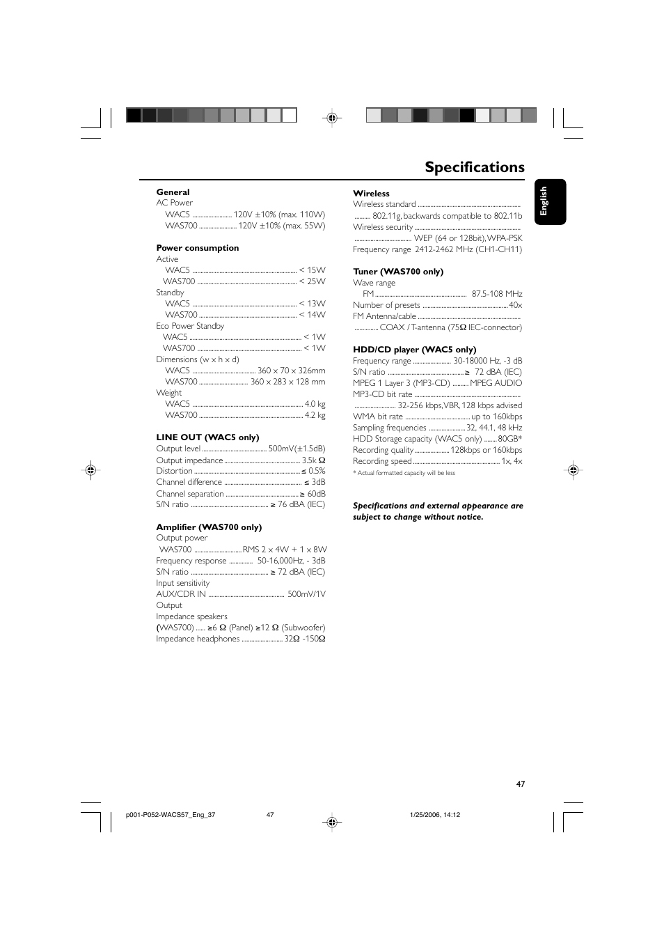 Specifications | Philips Streamium Wireless Music Center&Station WACS57 Center+Station with Wireless streaming User Manual | Page 47 / 52