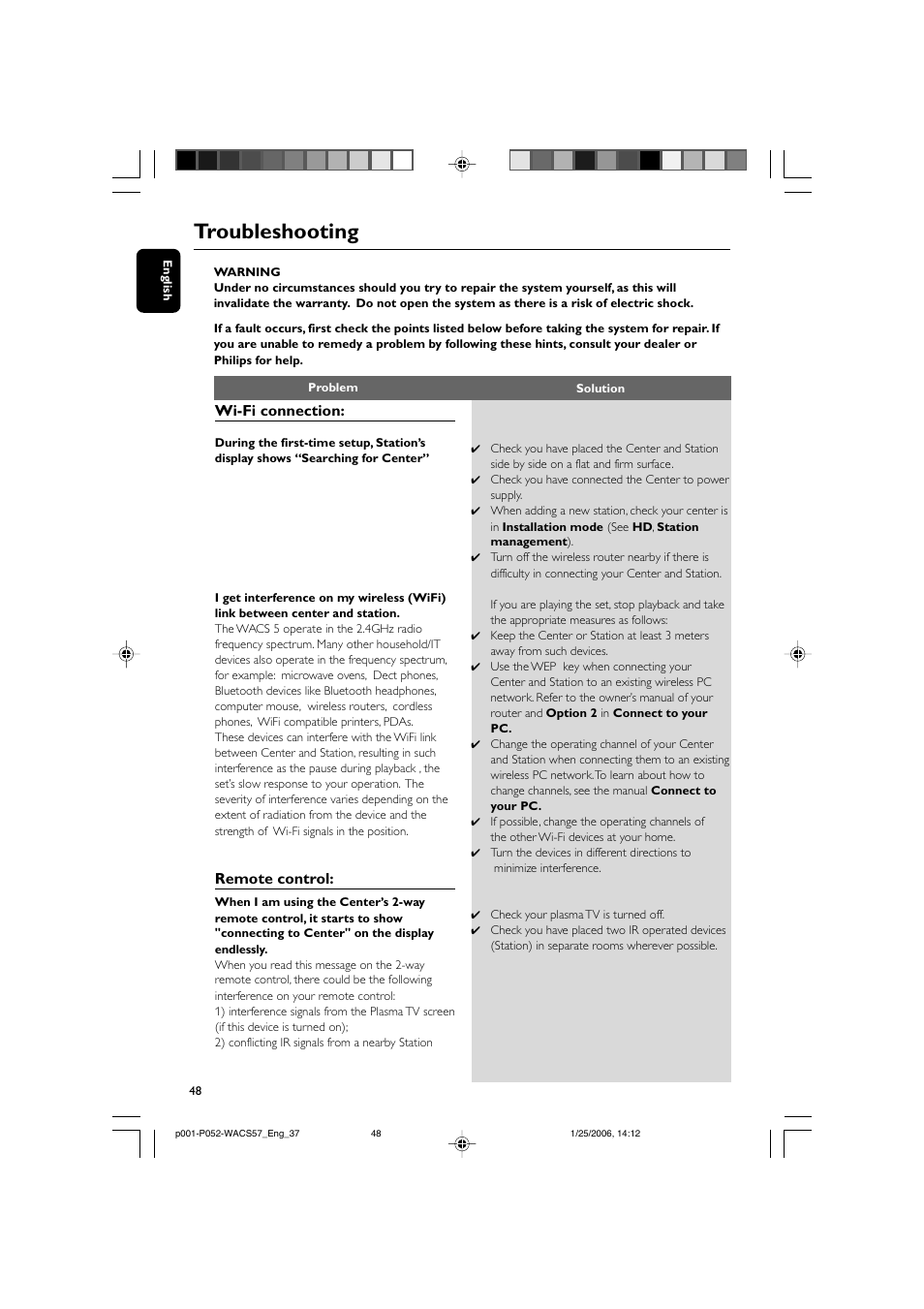 Troubleshooting, Wi-fi connection, Remote control | Philips Streamium Wireless Music Center&Station WACS57 Center+Station with Wireless streaming User Manual | Page 48 / 52