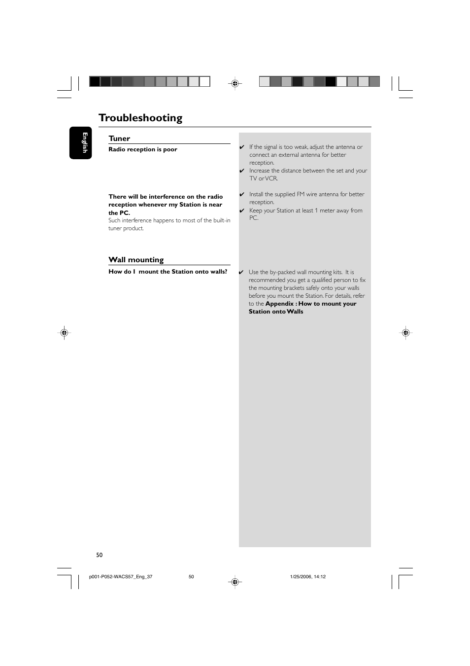 Troubleshooting, Tuner, Wall mounting | Philips Streamium Wireless Music Center&Station WACS57 Center+Station with Wireless streaming User Manual | Page 50 / 52