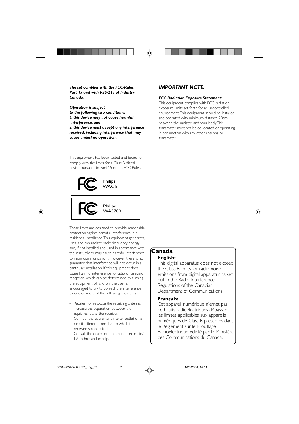 Canada | Philips Streamium Wireless Music Center&Station WACS57 Center+Station with Wireless streaming User Manual | Page 7 / 52