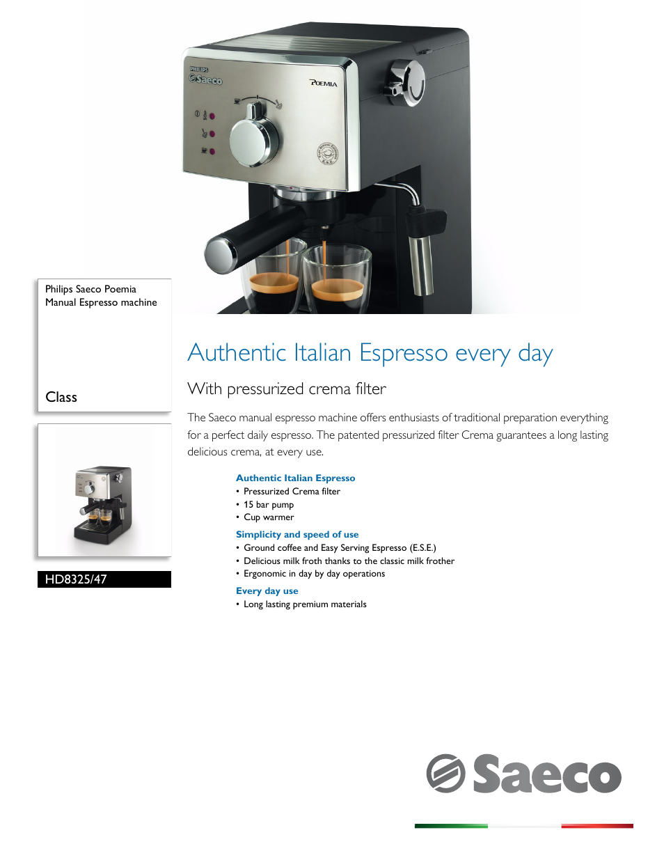 Philips Saeco Poemia Manual Espresso machine HD8325-47 Class User Manual | 3 pages