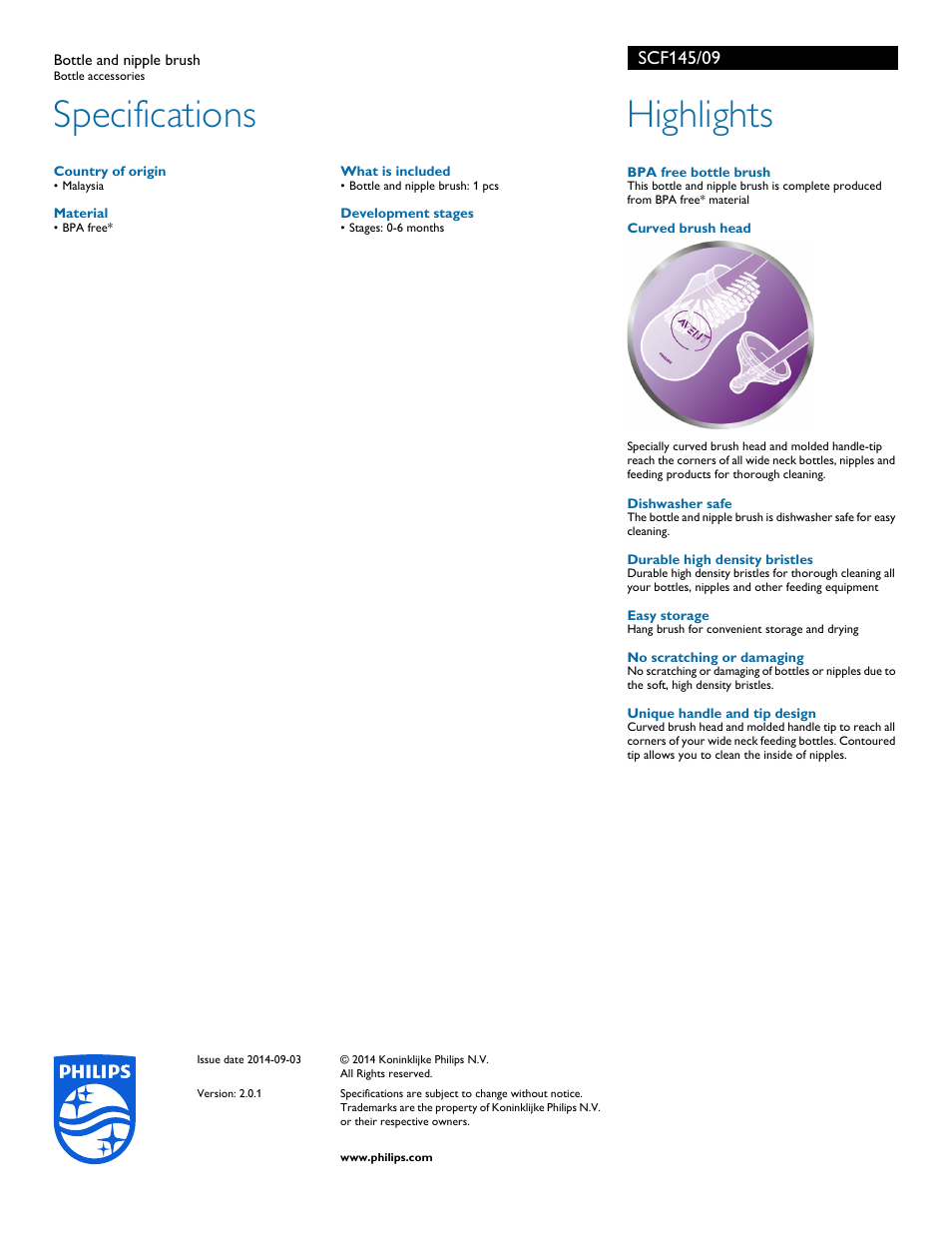 Specifications, Highlights | Philips AVENT Bottle and nipple brush SCF145-09 Bottle accessories User Manual | Page 2 / 2