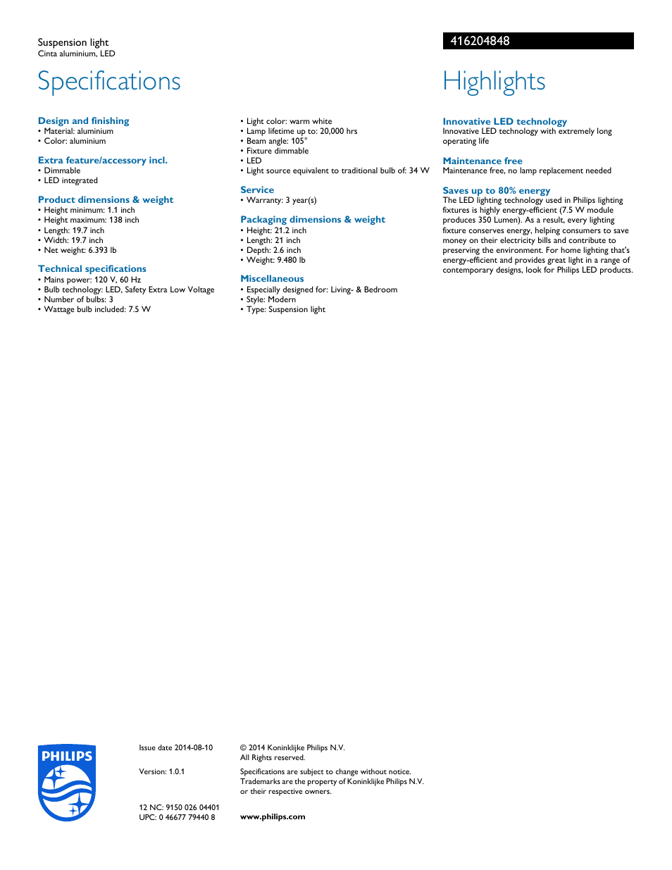 Specifications, Highlights | Philips 416204848 User Manual | Page 2 / 2