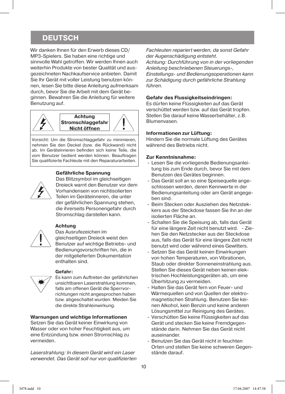 Deutsch | Vitek VT-3478 BK User Manual | Page 10 / 40