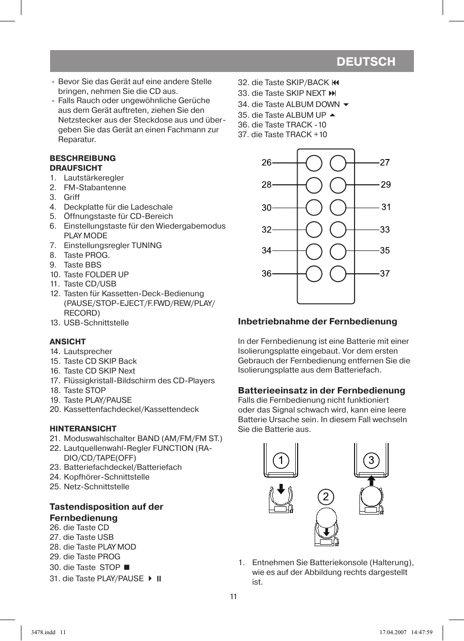 Deutsch | Vitek VT-3478 BK User Manual | Page 11 / 40