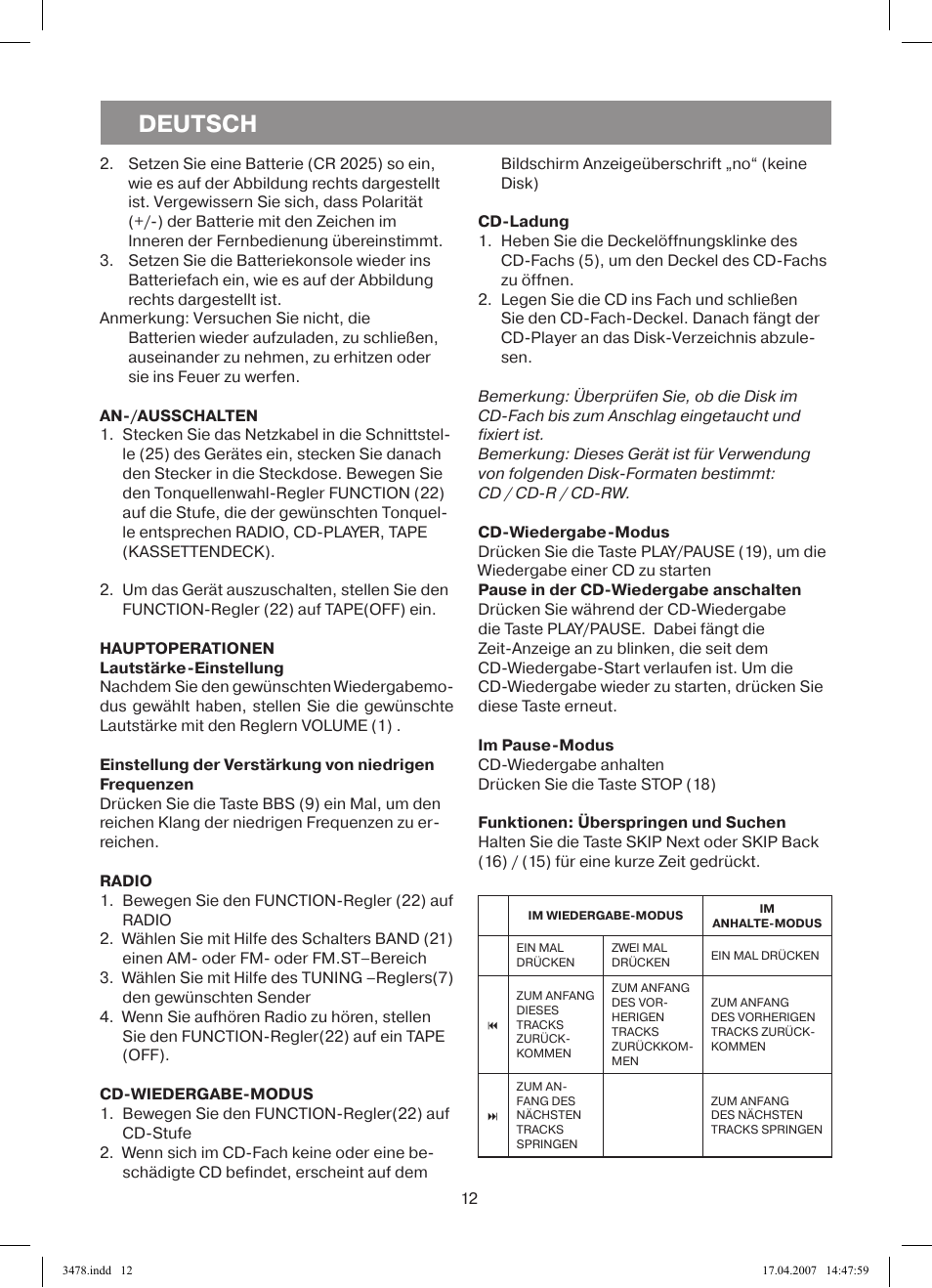 Deutsch | Vitek VT-3478 BK User Manual | Page 12 / 40