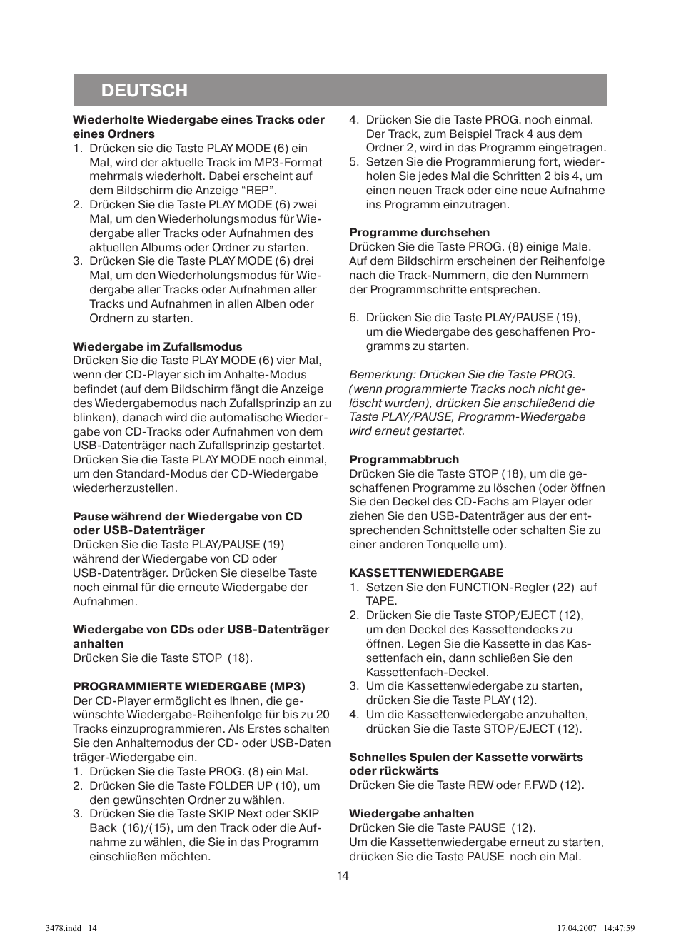 Deutsch | Vitek VT-3478 BK User Manual | Page 14 / 40
