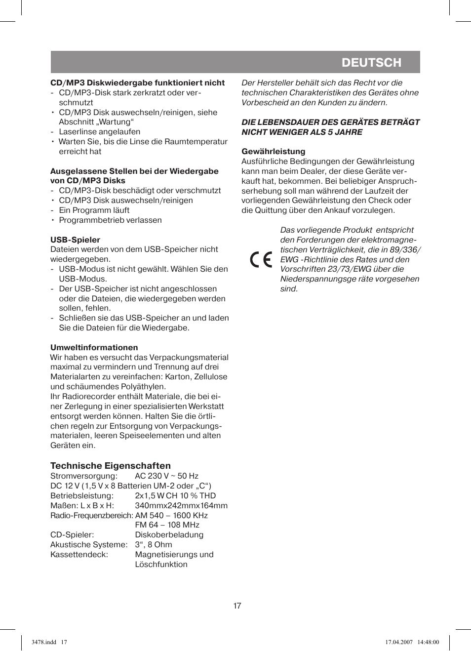 Deutsch | Vitek VT-3478 BK User Manual | Page 17 / 40