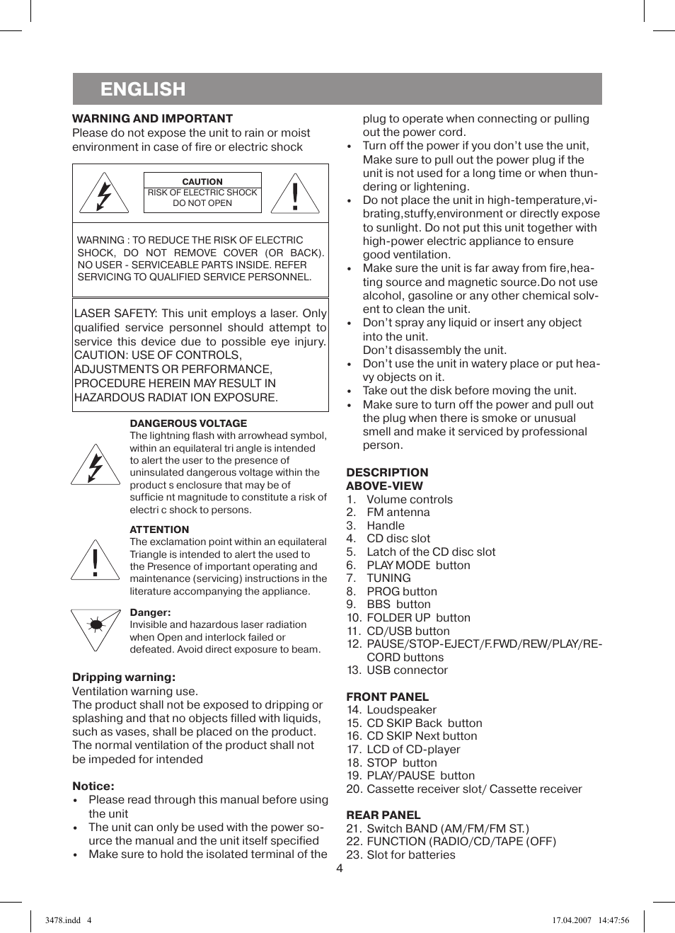 English | Vitek VT-3478 BK User Manual | Page 4 / 40