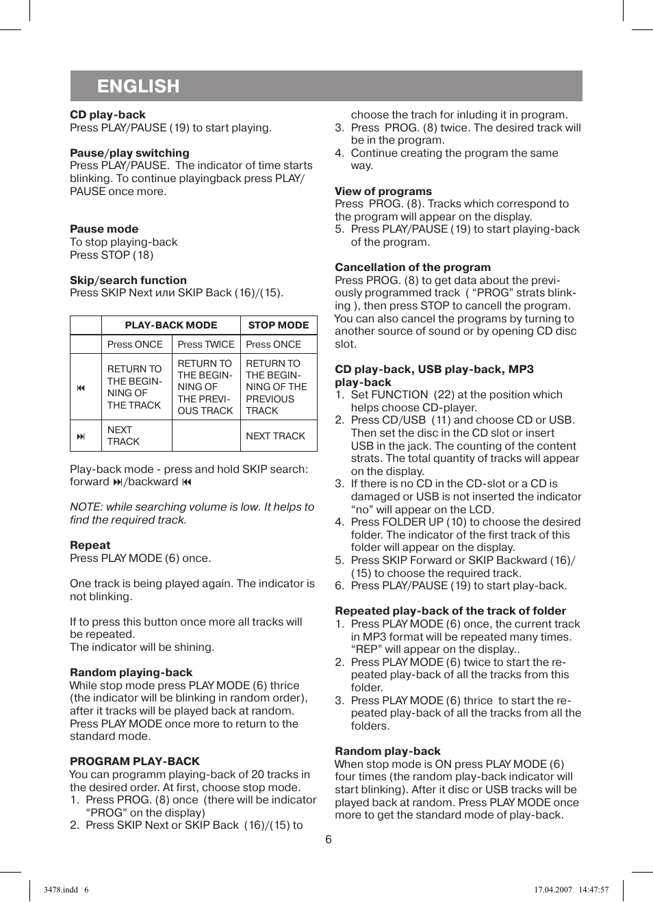 English | Vitek VT-3478 BK User Manual | Page 6 / 40