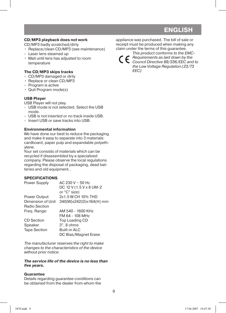English | Vitek VT-3478 BK User Manual | Page 9 / 40