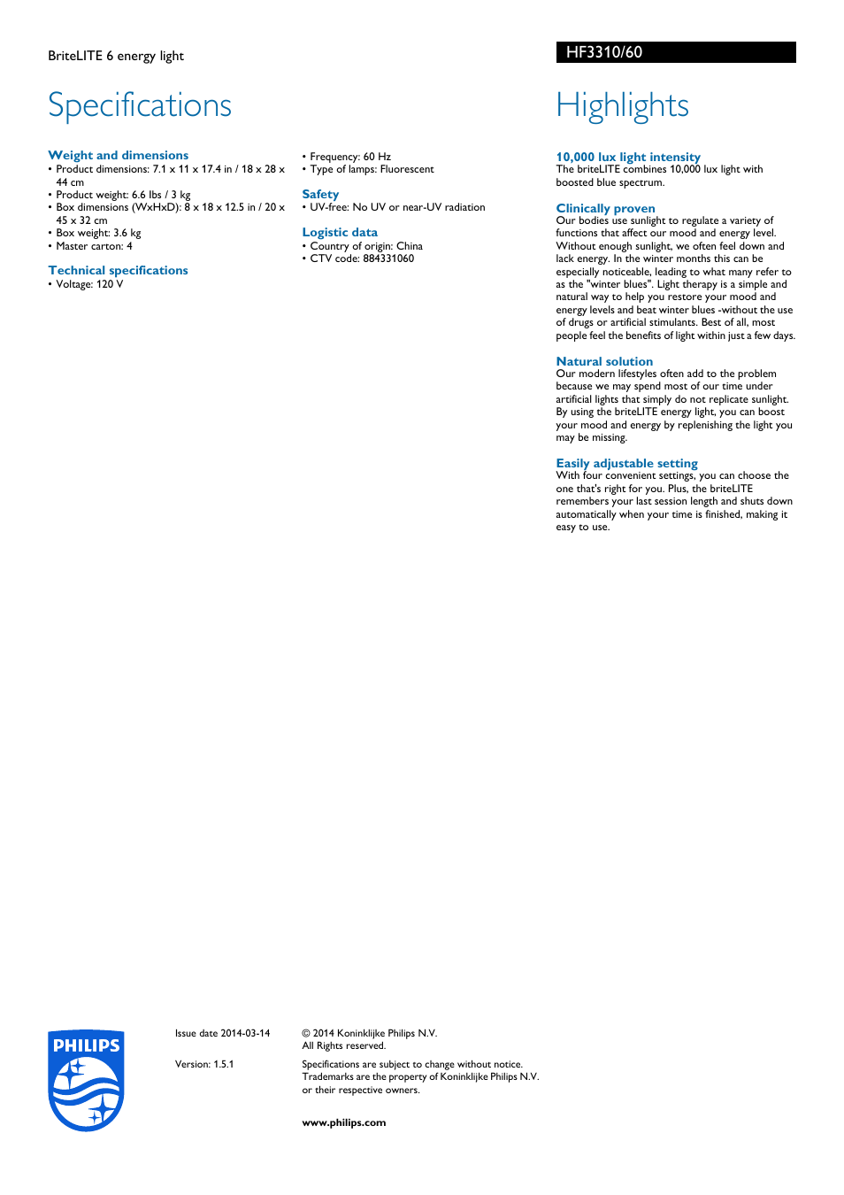 Specifications, Highlights | Philips HF3310-60 User Manual | Page 2 / 2