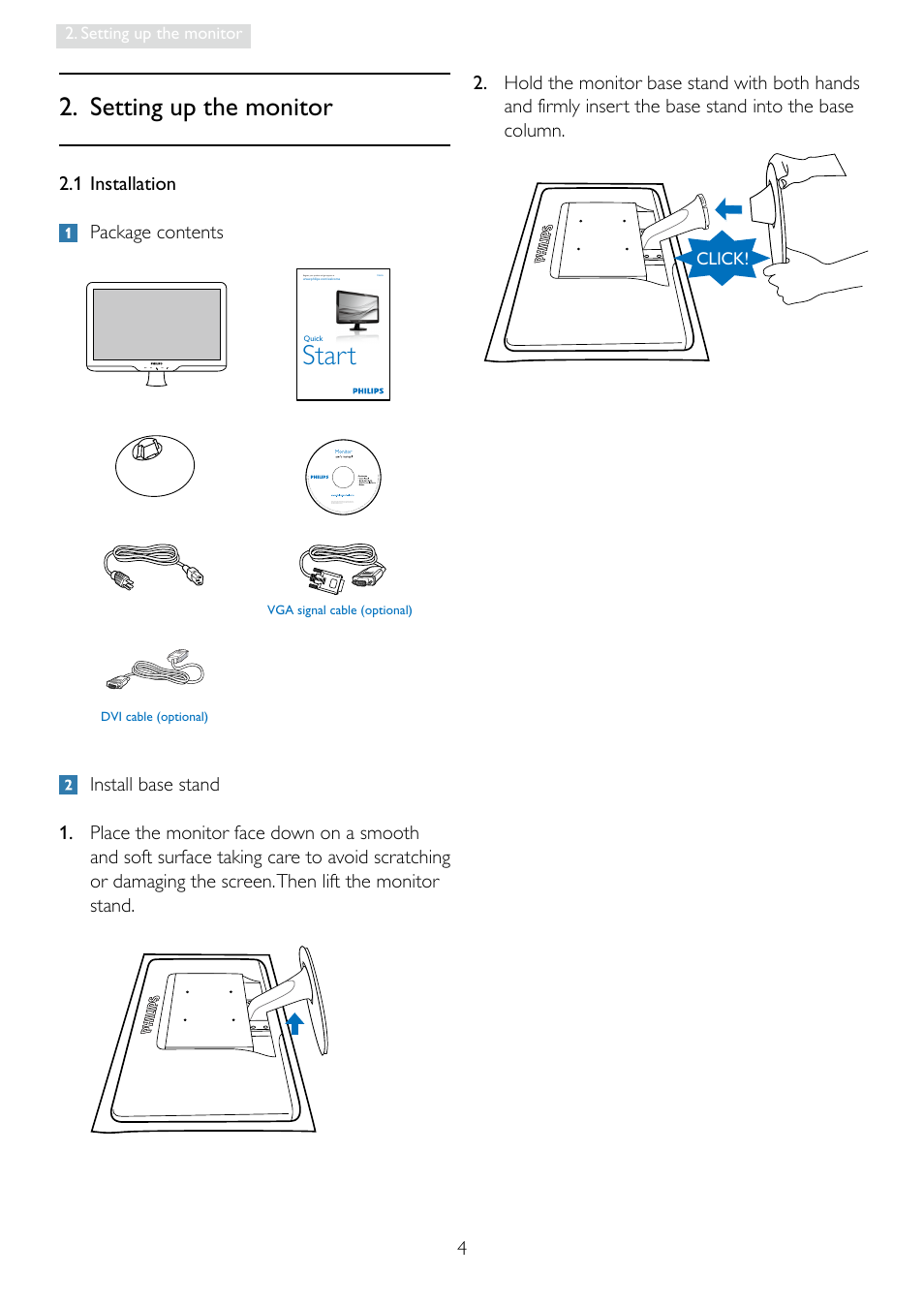Start, Setting up the monitor, 1 installation package contents | Philips 196E3LSB-27 User Manual | Page 6 / 50