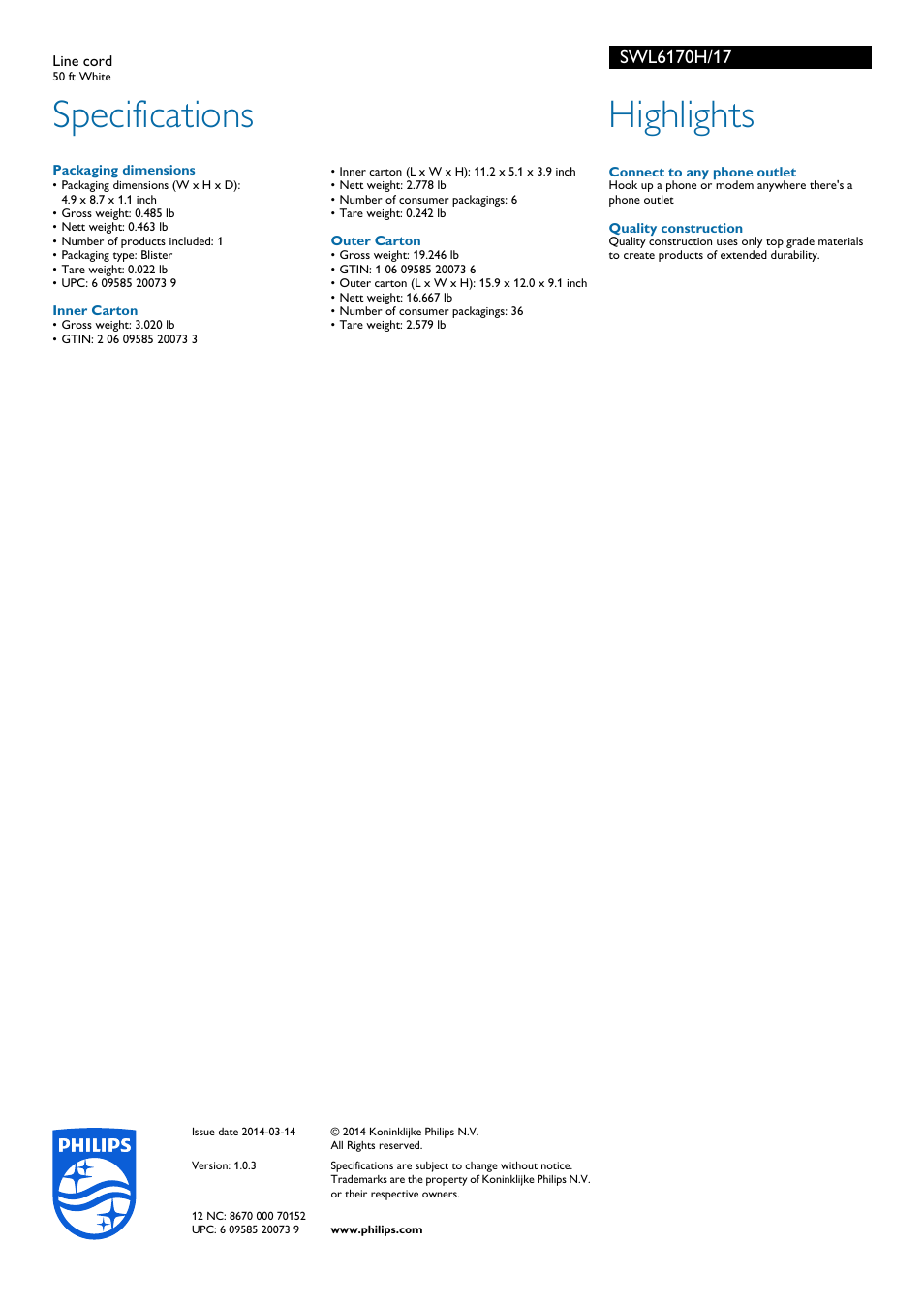 Specifications, Highlights | Philips SWL6170H-17 User Manual | Page 2 / 2