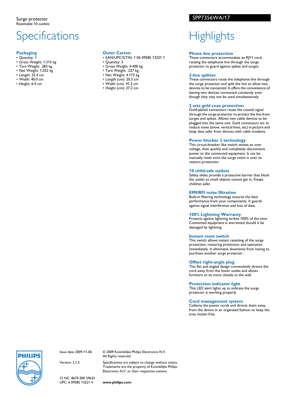 Specifications, Highlights | Philips SPP7356WA-17 User Manual | Page 2 / 2