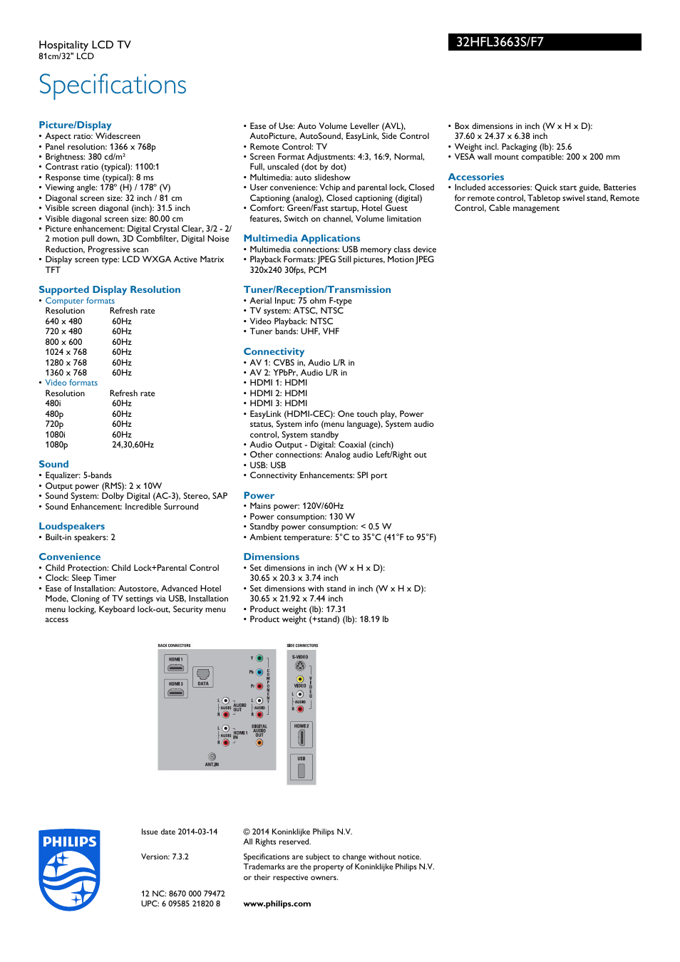 Specifications | Philips 32HFL3663S-F7 User Manual | Page 3 / 3