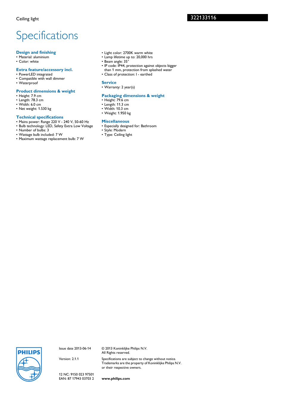 Specifications | Philips 322133116 User Manual | Page 3 / 3