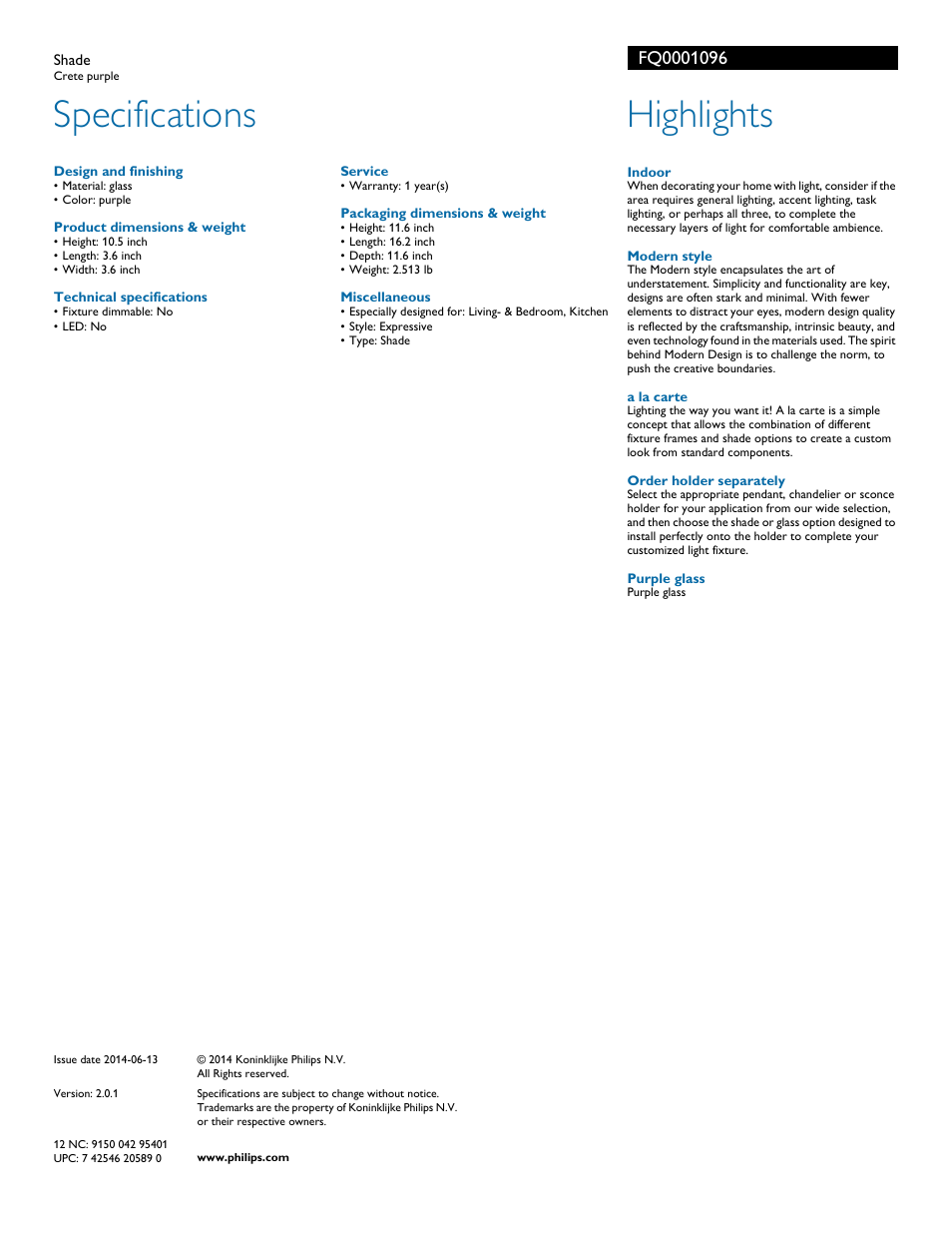Specifications, Highlights | Philips Forecast Shade FQ000-10-96 Crete purple User Manual | Page 2 / 2