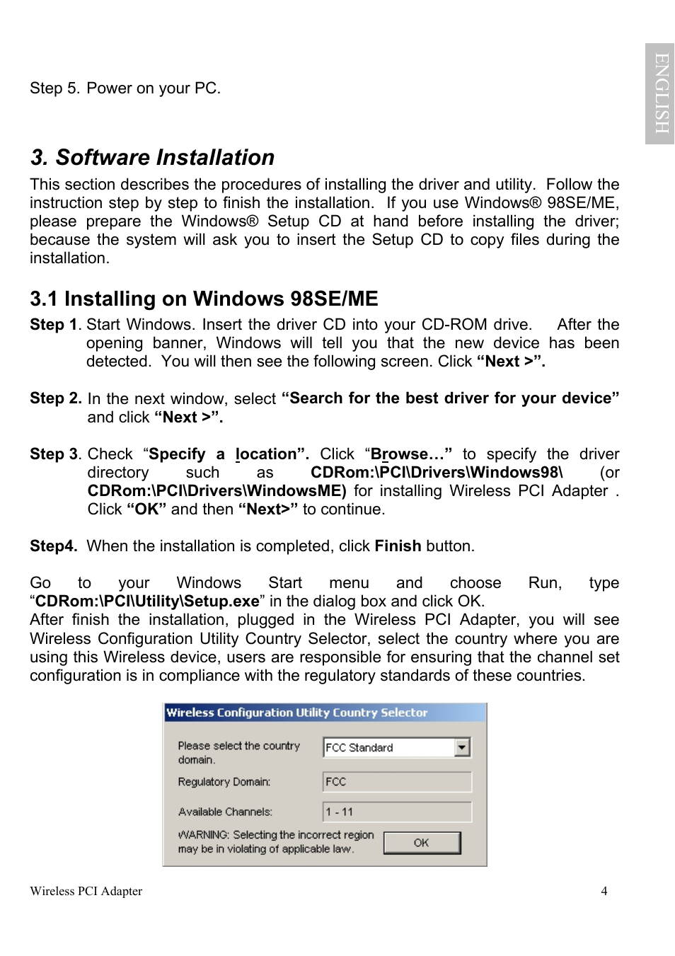 Software installation, 1 installing on windows 98se/me | Atlantis Land A02-PCI-W54 User Manual | Page 11 / 72