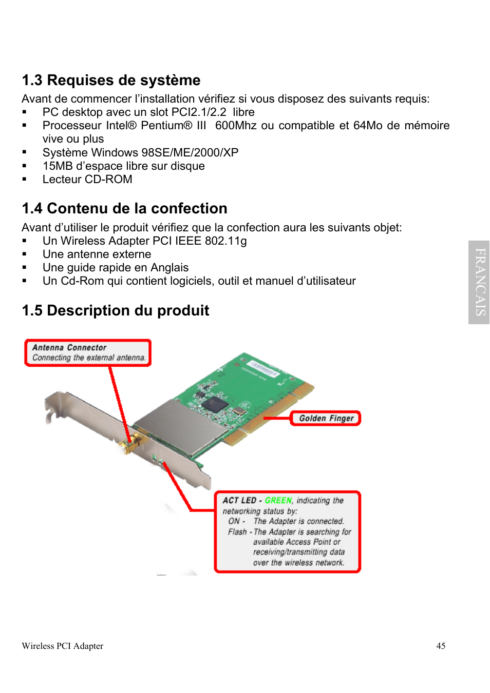 3 requises de système, 4 contenu de la confection, 5 description du produit | Franc a is | Atlantis Land A02-PCI-W54 User Manual | Page 52 / 72
