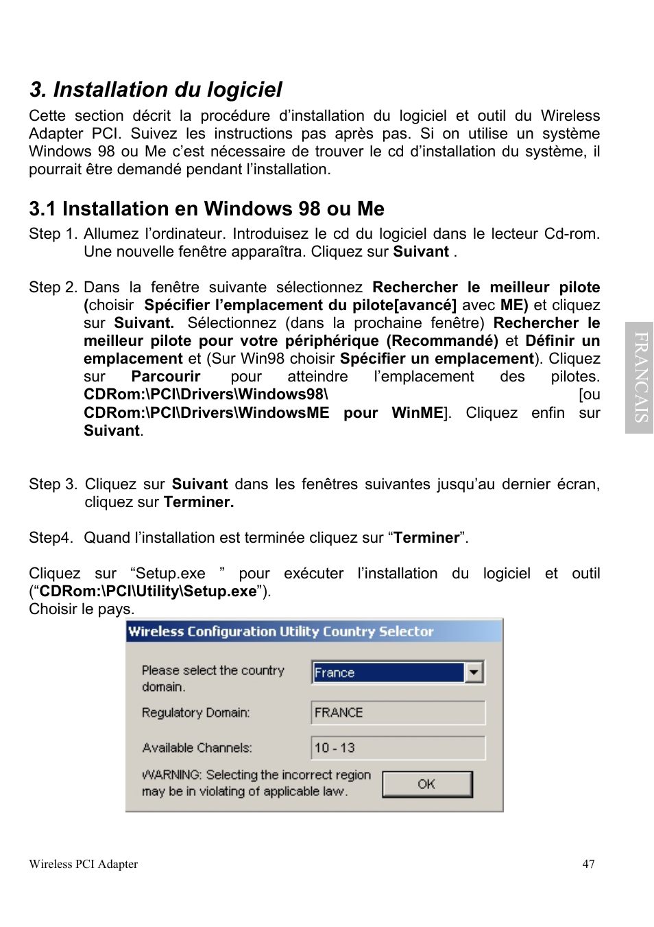 Installation du logiciel, 1 installation en windows 98 ou me | Atlantis Land A02-PCI-W54 User Manual | Page 54 / 72