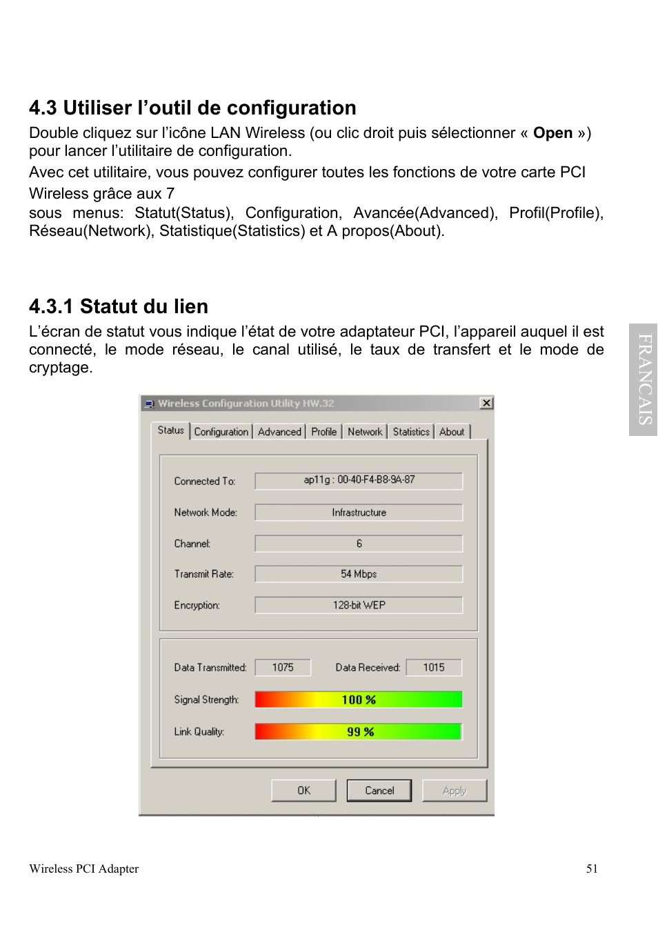 3 utiliser l’outil de configuration, 1 statut du lien | Atlantis Land A02-PCI-W54 User Manual | Page 58 / 72