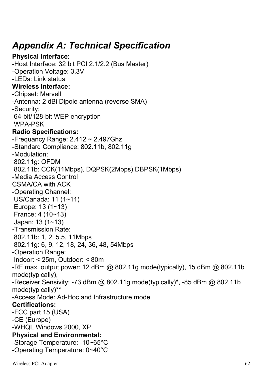 Appendix a: technical specification | Atlantis Land A02-PCI-W54 User Manual | Page 69 / 72