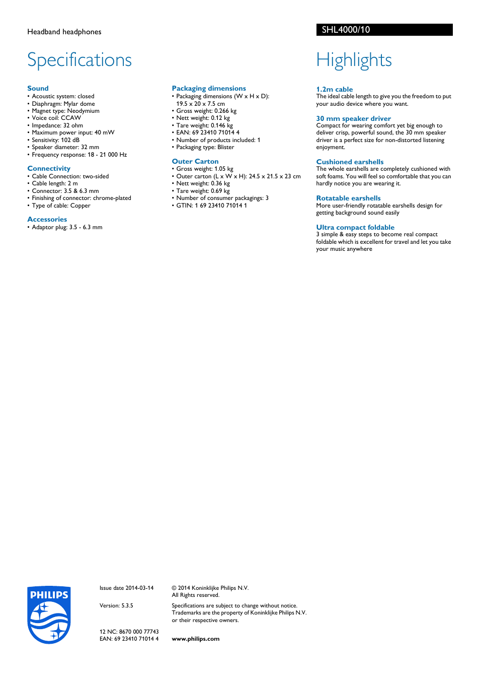 Specifications, Highlights | Philips SHL4000-10 User Manual | Page 2 / 2