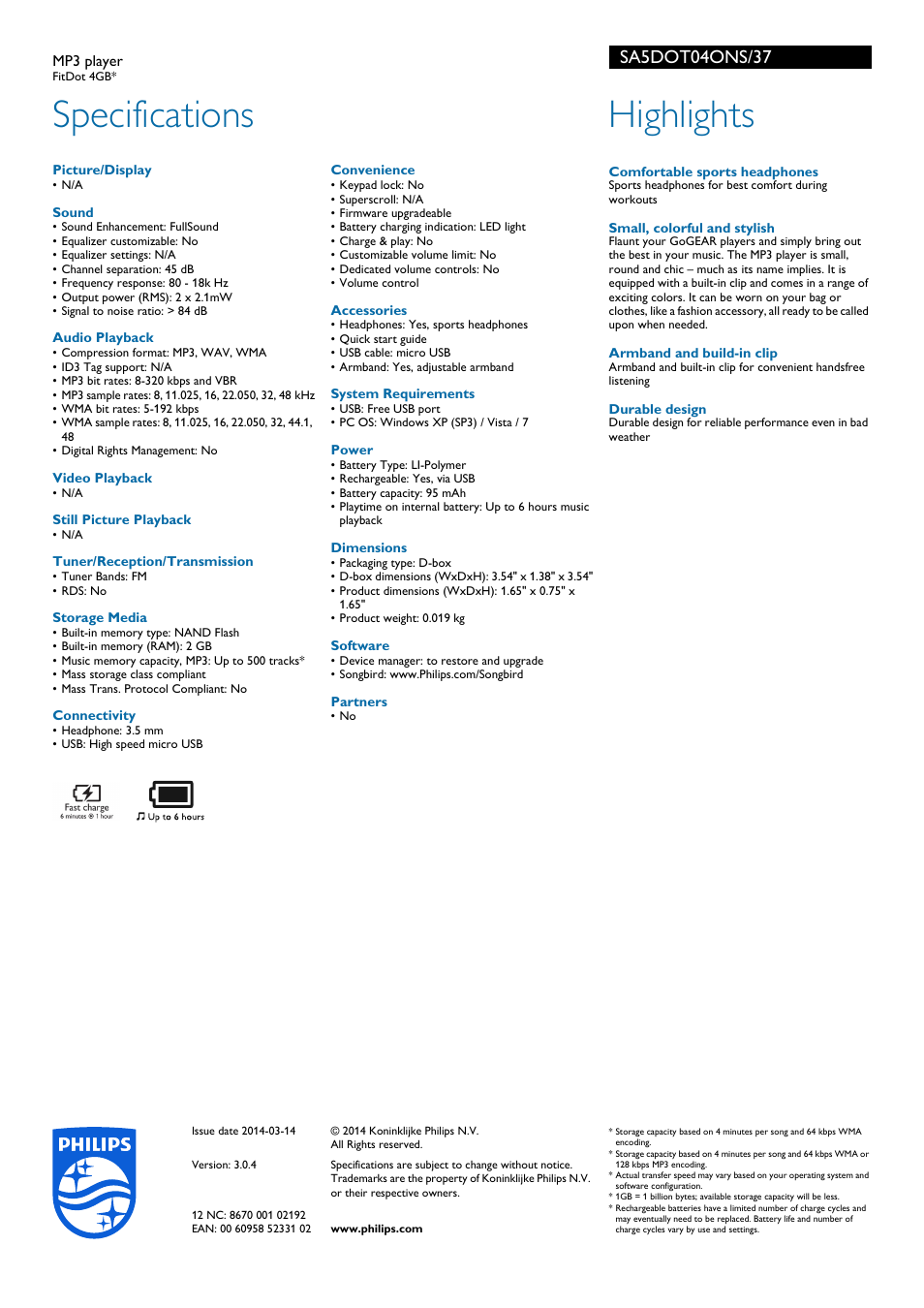 Specifications, Highlights | Philips SA5DOT04ONS-37 User Manual | Page 2 / 2