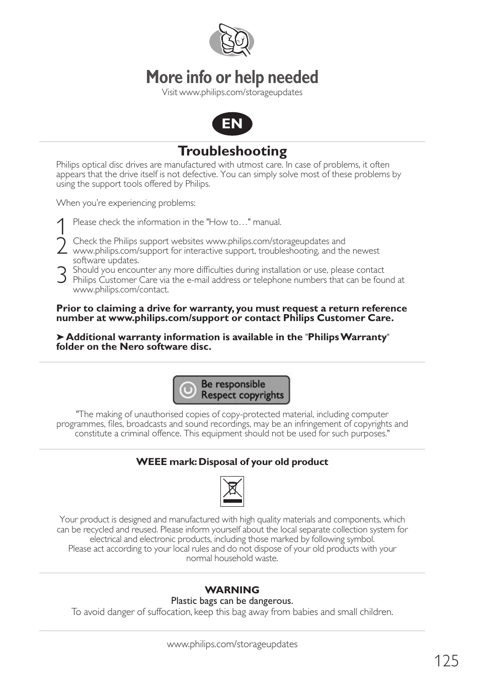 More info or help needed, Troubleshooting | Philips SPD6006BD-17 User Manual | Page 125 / 130