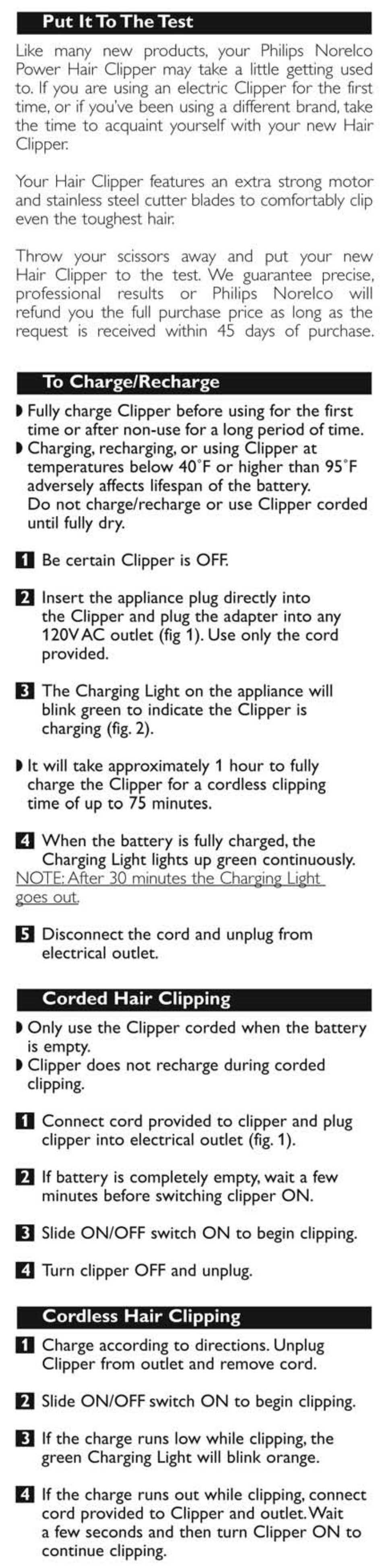 Put it to the test, To charge/recharge, Corded hair clipping | Cordless hair clipping | Philips QC5345-15 User Manual | Page 4 / 8