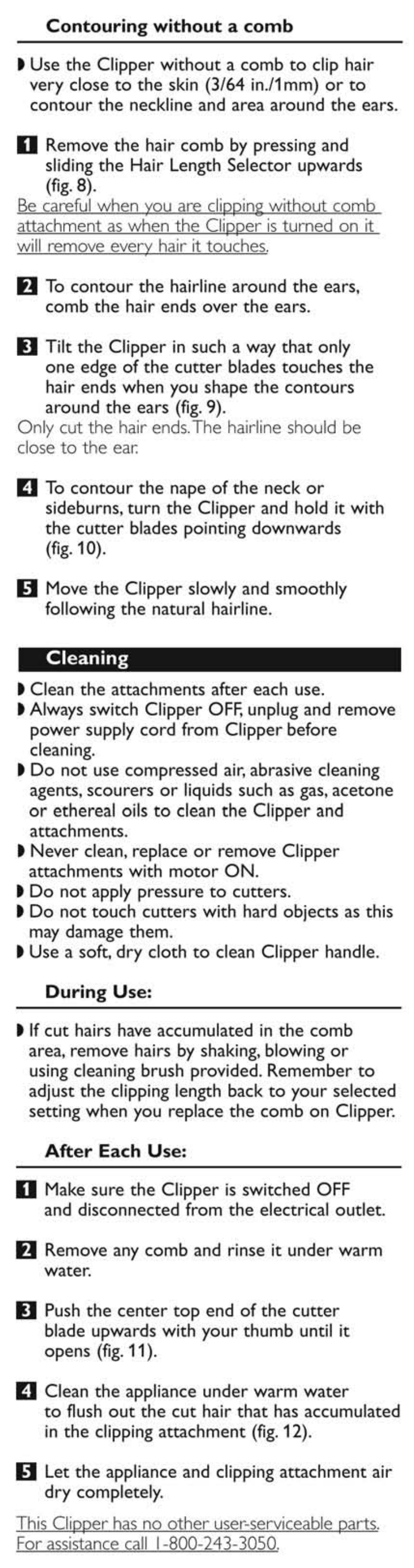 Contouring without a comb, During use, After each use | Philips QC5345-15 User Manual | Page 6 / 8