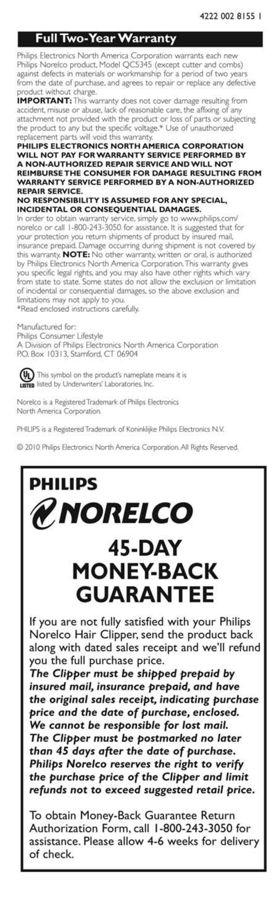 Norelco, Day money-back guarantee, Philips | Full two-year warranty | Philips QC5345-15 User Manual | Page 8 / 8