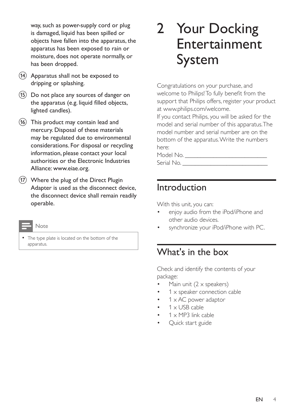 2 your docking entertainment system, Introduction, What's in the box | Introduction 4 | Philips DS6200-37 User Manual | Page 4 / 11