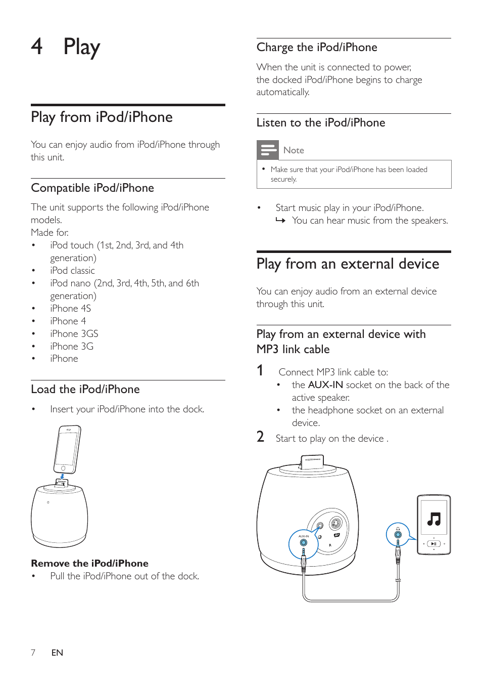 4 play, Play from ipod/iphone, Play from an external device | Philips DS6200-37 User Manual | Page 7 / 11