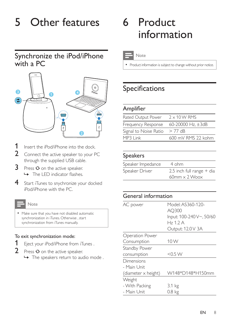 5 other features, Synchronize the ipod/iphone with a pc, 6 product information | Specifications, Synchronize the ipod/iphone with a pc 8 | Philips DS6200-37 User Manual | Page 8 / 11