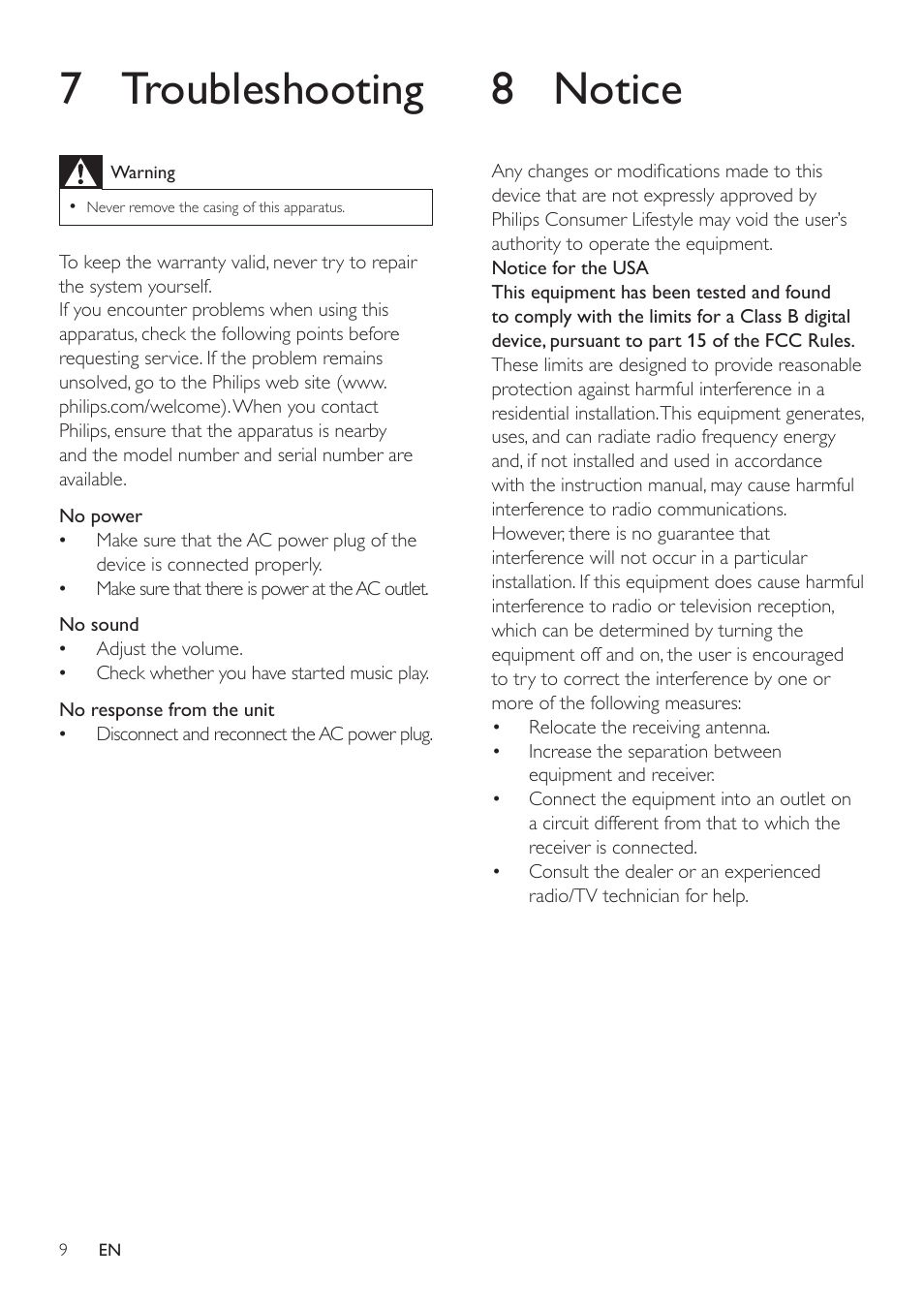 7 troubleshooting, 8 notice | Philips DS6200-37 User Manual | Page 9 / 11