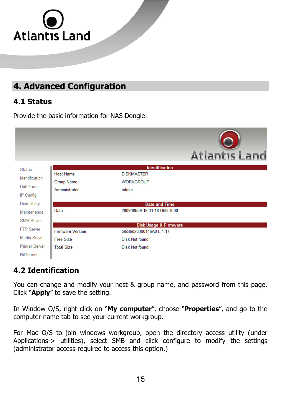 Advanced configuration | Atlantis Land DISKMASTER NASF101 User Manual | Page 15 / 41