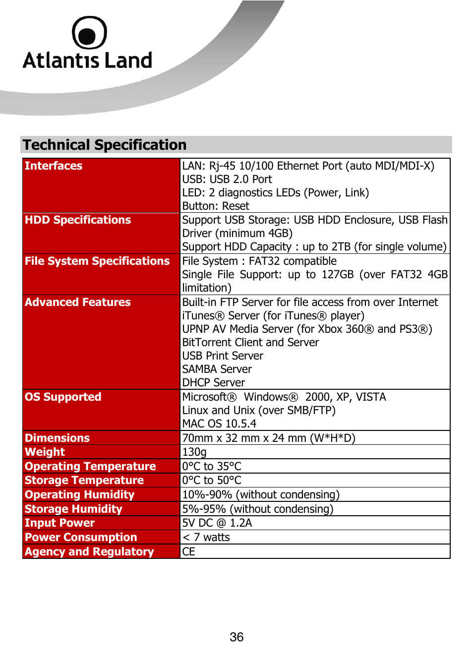 Technical specification | Atlantis Land DISKMASTER NASF101 User Manual | Page 36 / 41